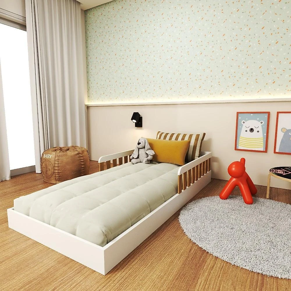 Cama Infantil Montessoriana Solteiro Ayla Branco/Carvalho Mel