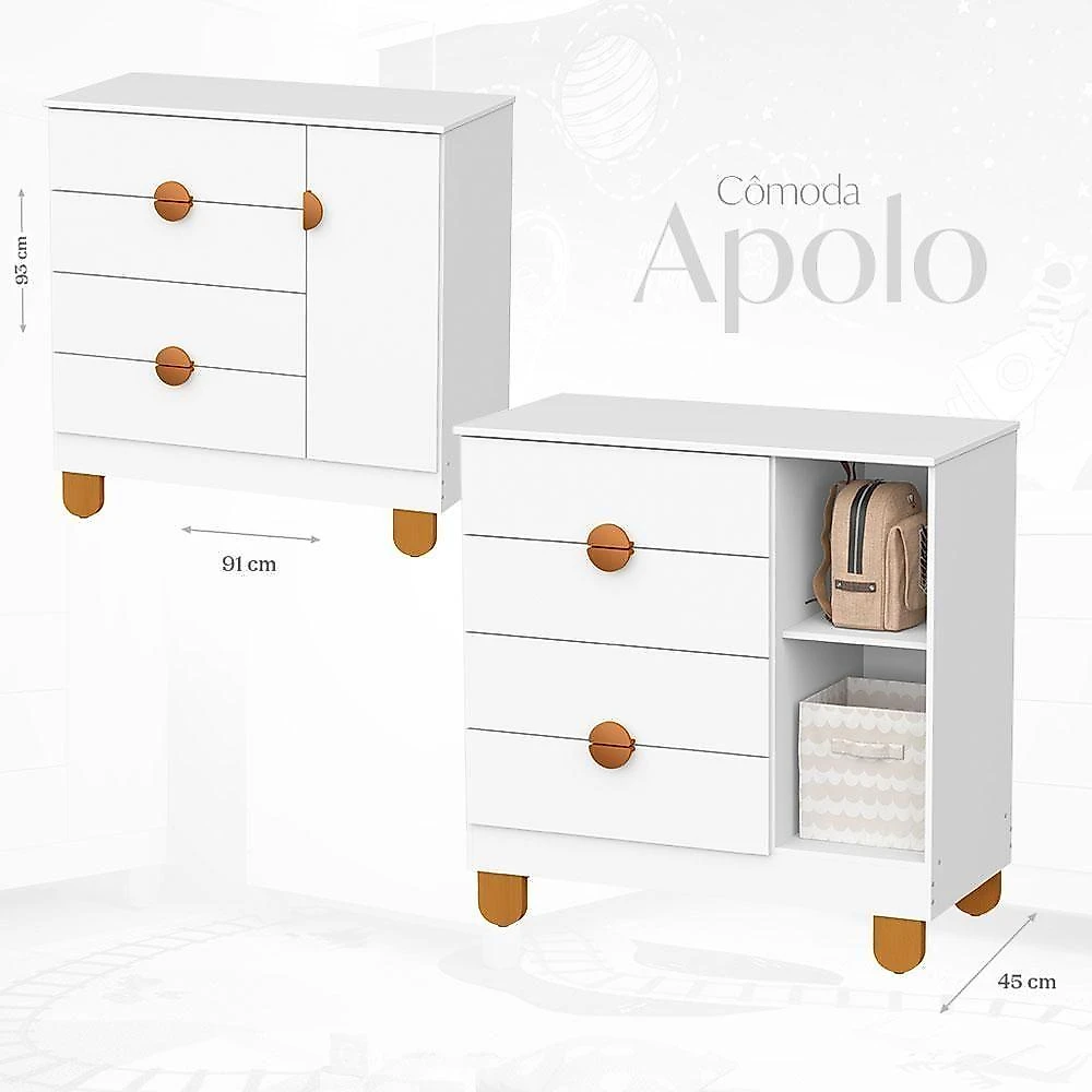 Quarto de Bebê Completo Apolo MDF 90CM Branco Fosco Berço Americano Cômoda Sapateira Guarda Roupa