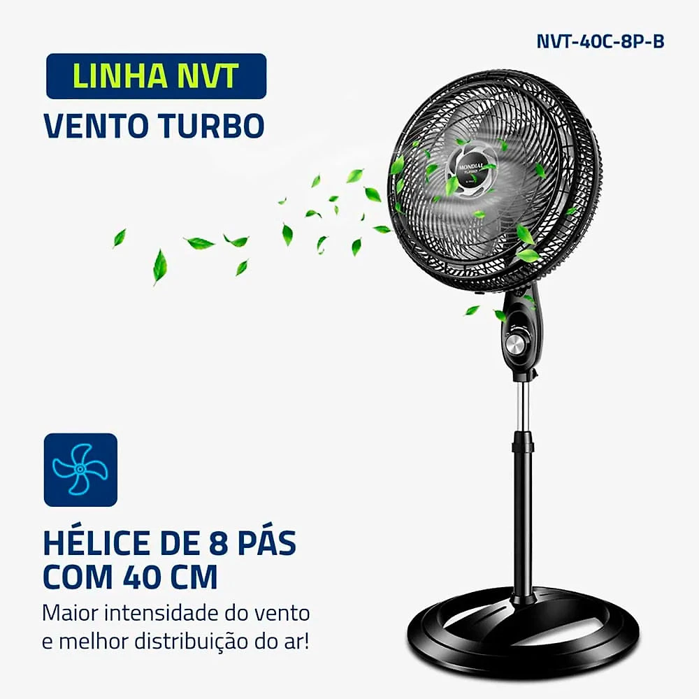 Miniatura Ventilador de Coluna Mondial Turbo 40cm 8 Pás 3 Velocidades Preto e Prata - 220V