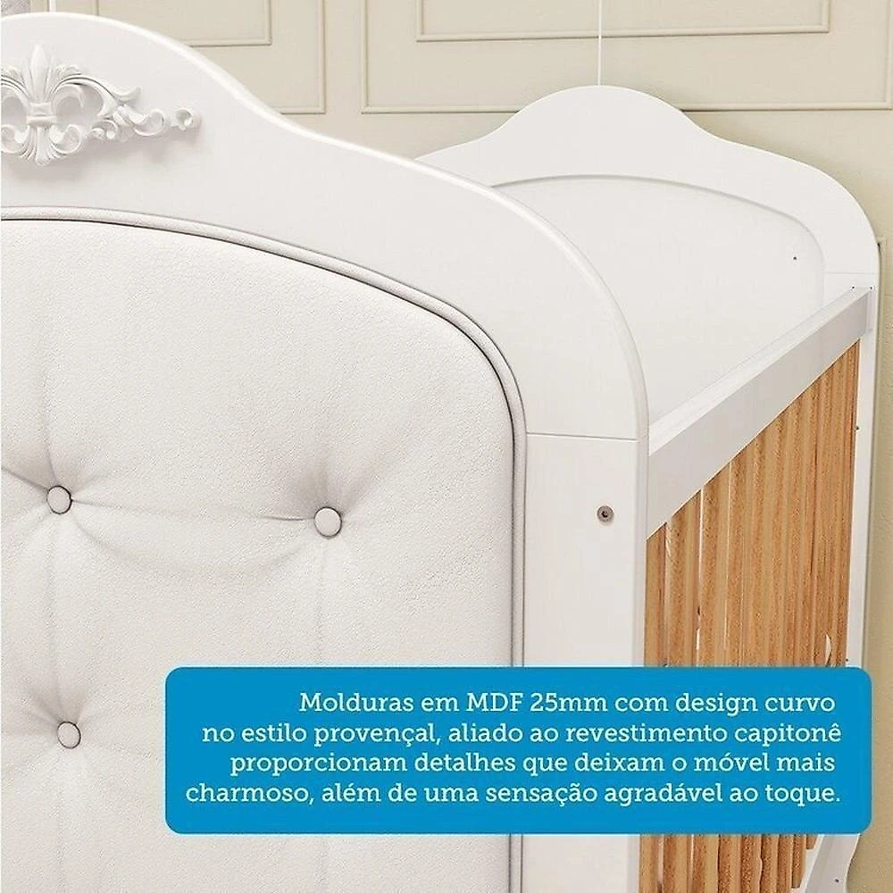 Quarto de Bebê com Guarda-roupa Cômoda e Berço com Capitonê 100% Mdf Maya Provençal Espresso Móveis Branco Brilho/Amêndoa/Branco