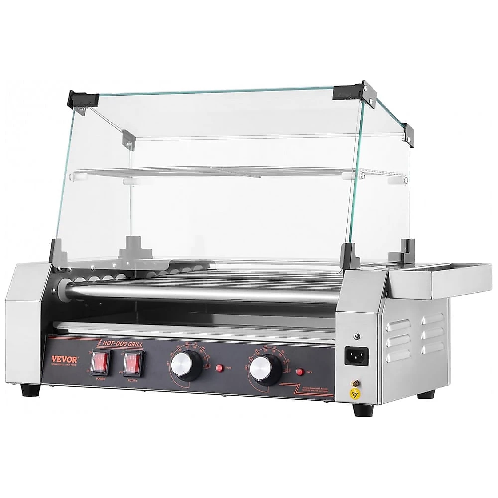 Grill de Hot Dog VEVOR Inox 12 Unidades 5 Rolos Controle Duplo de Temperatura Tampa 750W 110V
