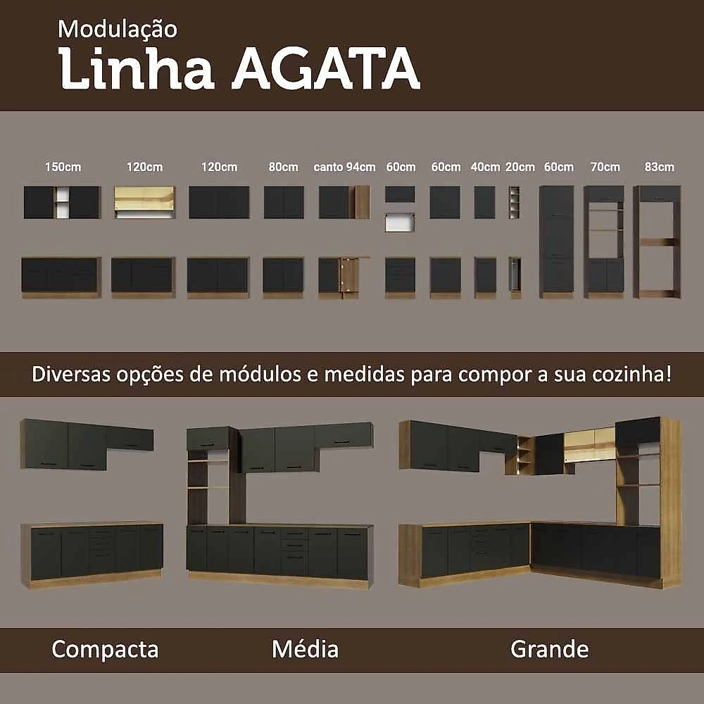 Balcão de pia armário de cozinha 2 portas e 3 gavetas (com tampo) rustic agata madesa rustic/preto