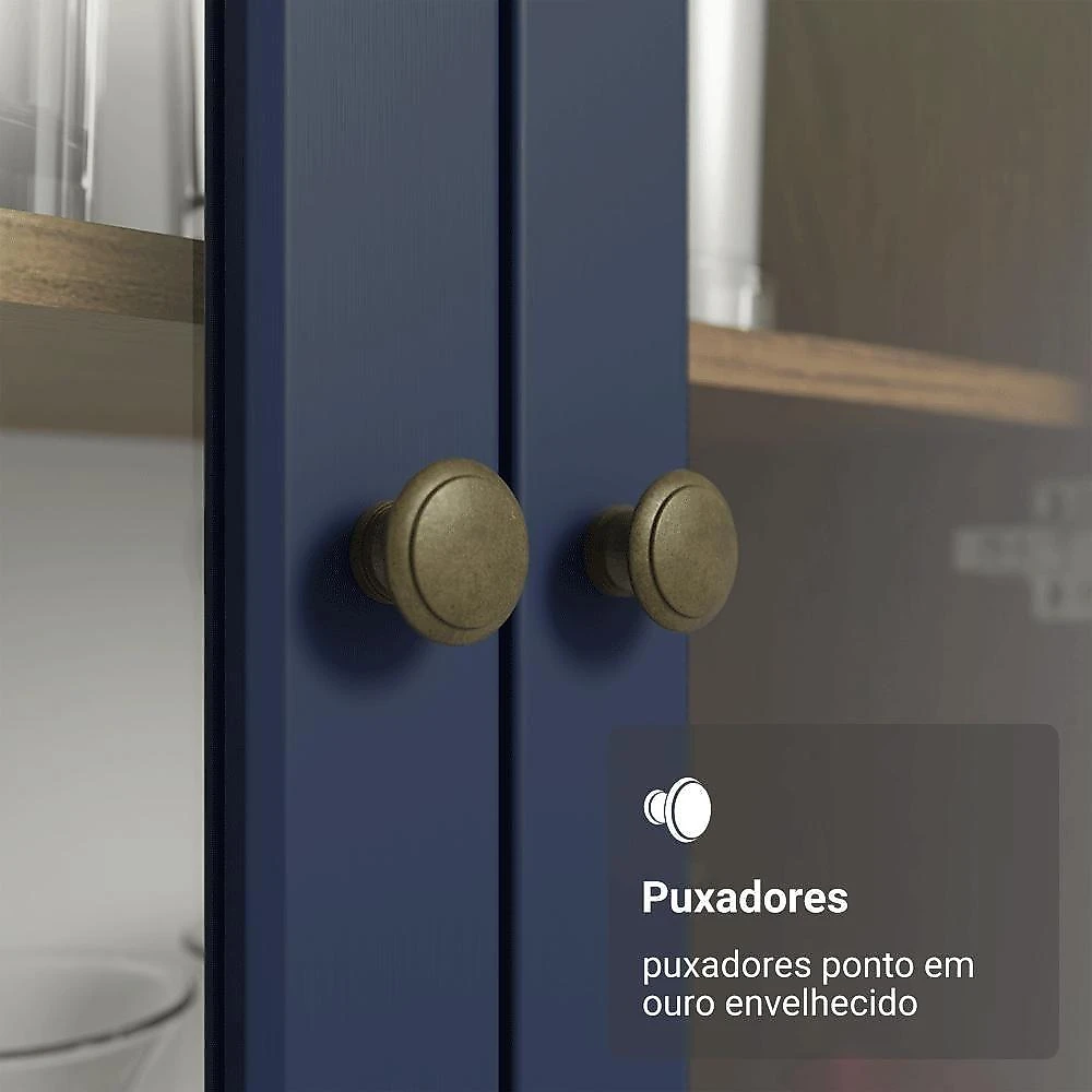 Cristaleira 70 Cm 2 Portas De Vidro Com Pés Cônicos Rustic-azul-rustic Vik Madesa