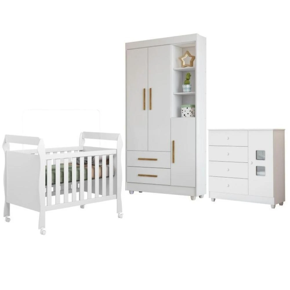 Quarto de Bebê Berço Mini Cama, Cômoda 1 Porta 4 Gavetas e Roupeiro Flocos 3 Portas 2 Gavetas
