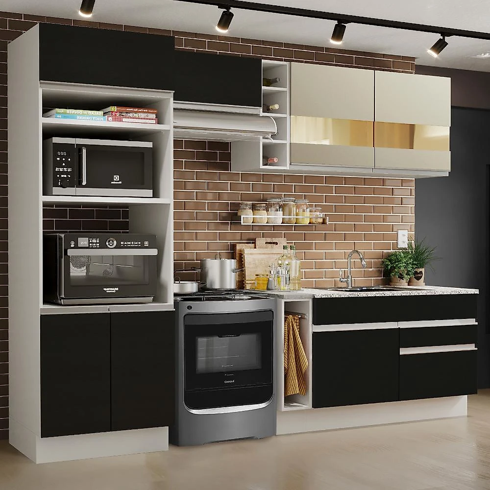 Cozinha completa madesa jade com armário e balcão (sem tampo e pia) - branco/preto/crema