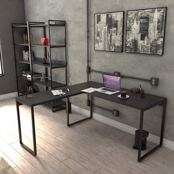 Miniatura Mesa de Escritório em L Estilo Industrial 1,50Mx1,50M Kuadra Compace Preto Onix