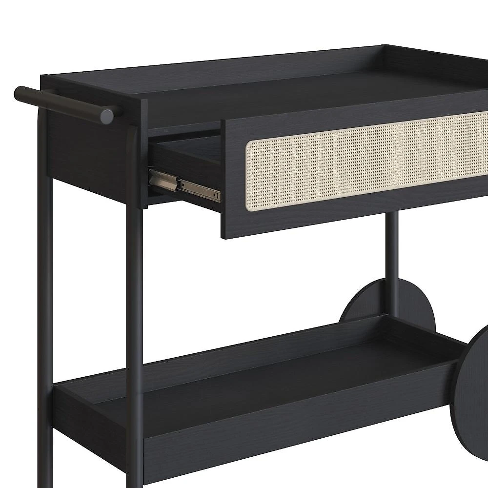Carrinho Bar 1 Gaveta 112cm com Porta Taças Palhinha Pé Madeira Oslo Nero/Preto