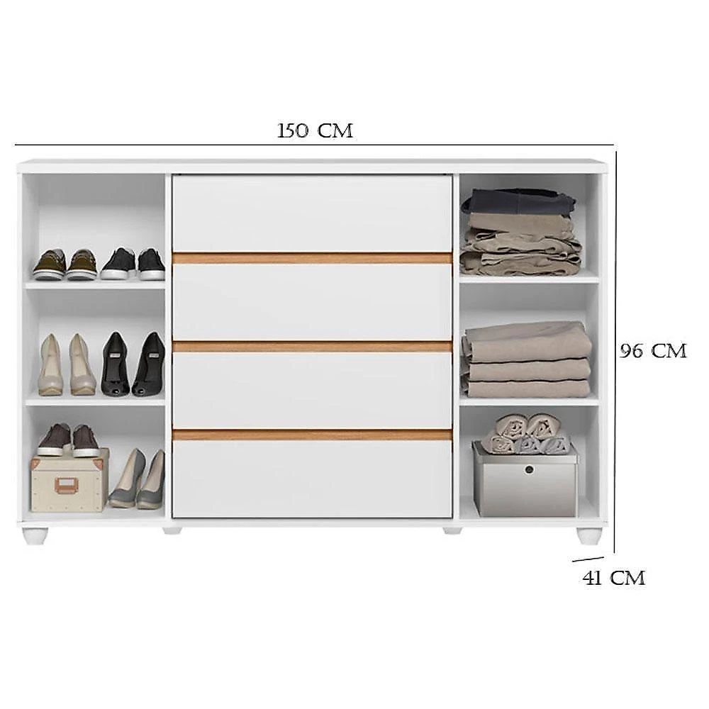 Conjunto Guarda Roupa Casal Doble 8 Portas Correr Cômoda 4 Gavetas MDP Branco Freijo Flex Albatroz