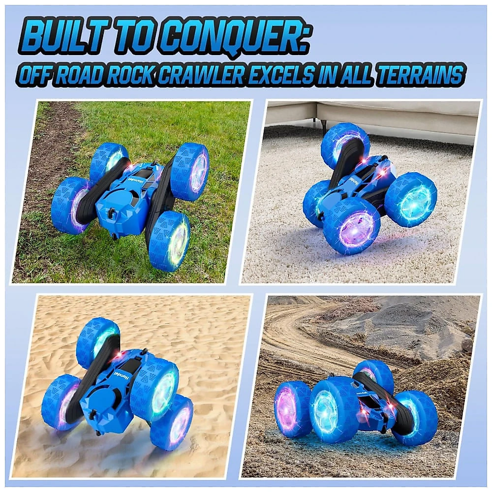 Carrinho de controle remoto STEM Hamdol Blue Racer 4WD com luzes LED e giros 360°