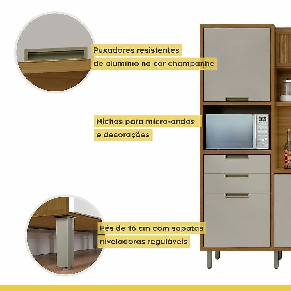 Cozinha Compacta 6 Portas 2 Gavetas Loft Imperatriz Nesher Móveis Amadeirado Freijó/off White