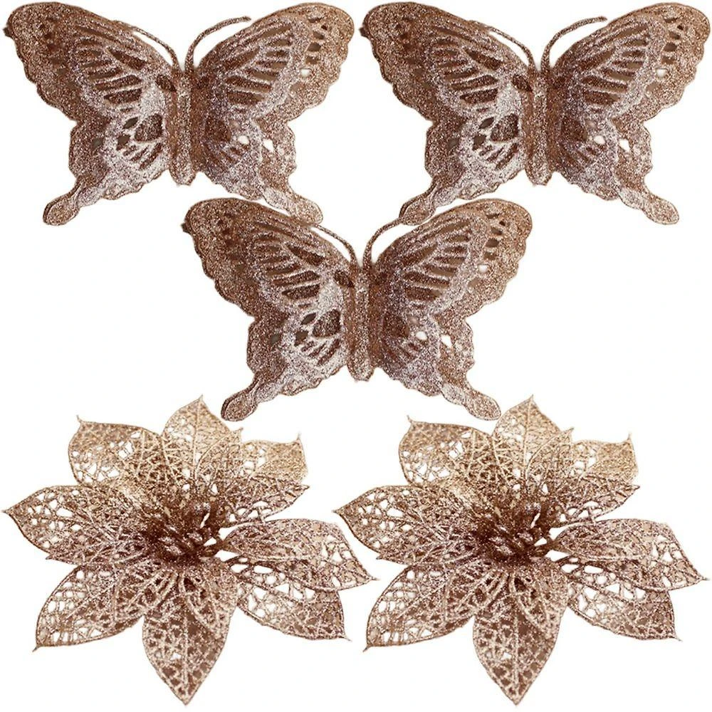 Kit 5 Pendente Flores Borboleta Rose Gold Enfeite Natalino