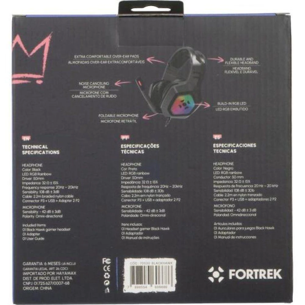 Headset Gamer Fortrek Black Hawk P2 Usb Rgb Preto