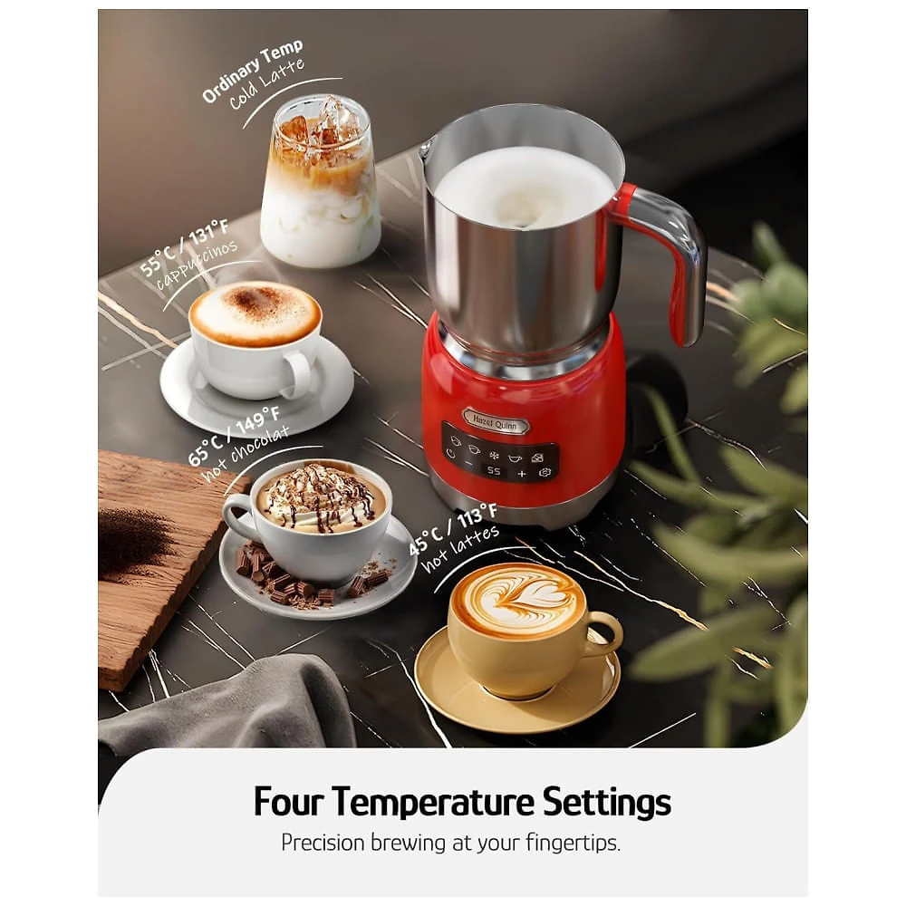 Espumador de Leite Hazel Quinn, 5 em 1, Ajuste de Temperatura e Espessura, Copo 400ml p/ Café Latte Quente e Gelado, Lavável em lava-louças