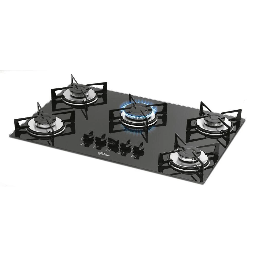 Fogão Cooktop Fischer 5Q Gás Mesa Vidro Preto Bivolt