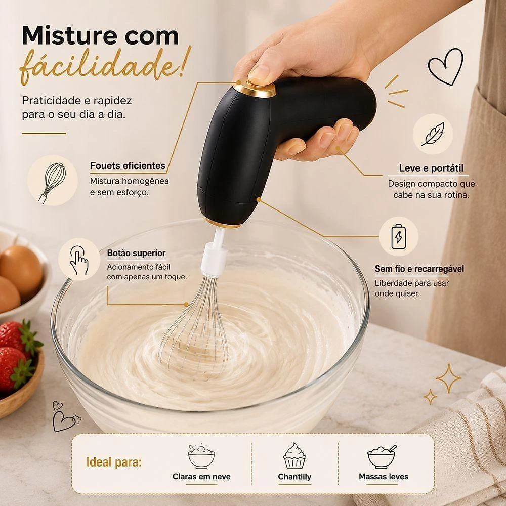 Batedeira Eletrica Portatil Misturador Manual sem Fio ABS e Aco Inoxidavel Recarregavel USB 2 Fouets