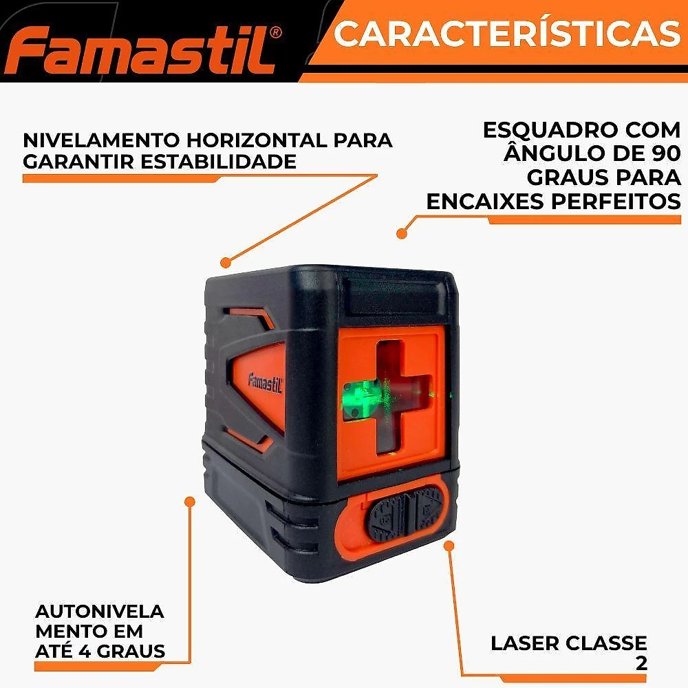 Nível Laser Famastil 20m 2 Linhas Autonivelante 90 Graus Inox