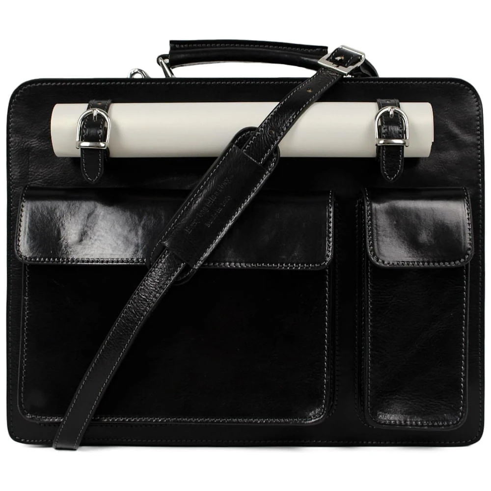Bolsa Carteiro Masculina de Couro Italiano de Flor Integral para Laptop com 15 Polegadas, Time Resistance, Preta