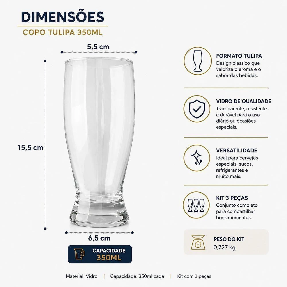 Copo para Bebidas Copo Tulipa 350ML Kit 3 Peças em Vidro Valoriza Aromas para Cervejas Especiais