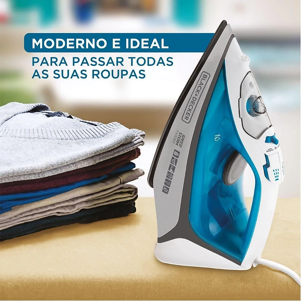 Ferro de passar a vapor black decker fx3060 com base antiaderente - azul e branco 110
