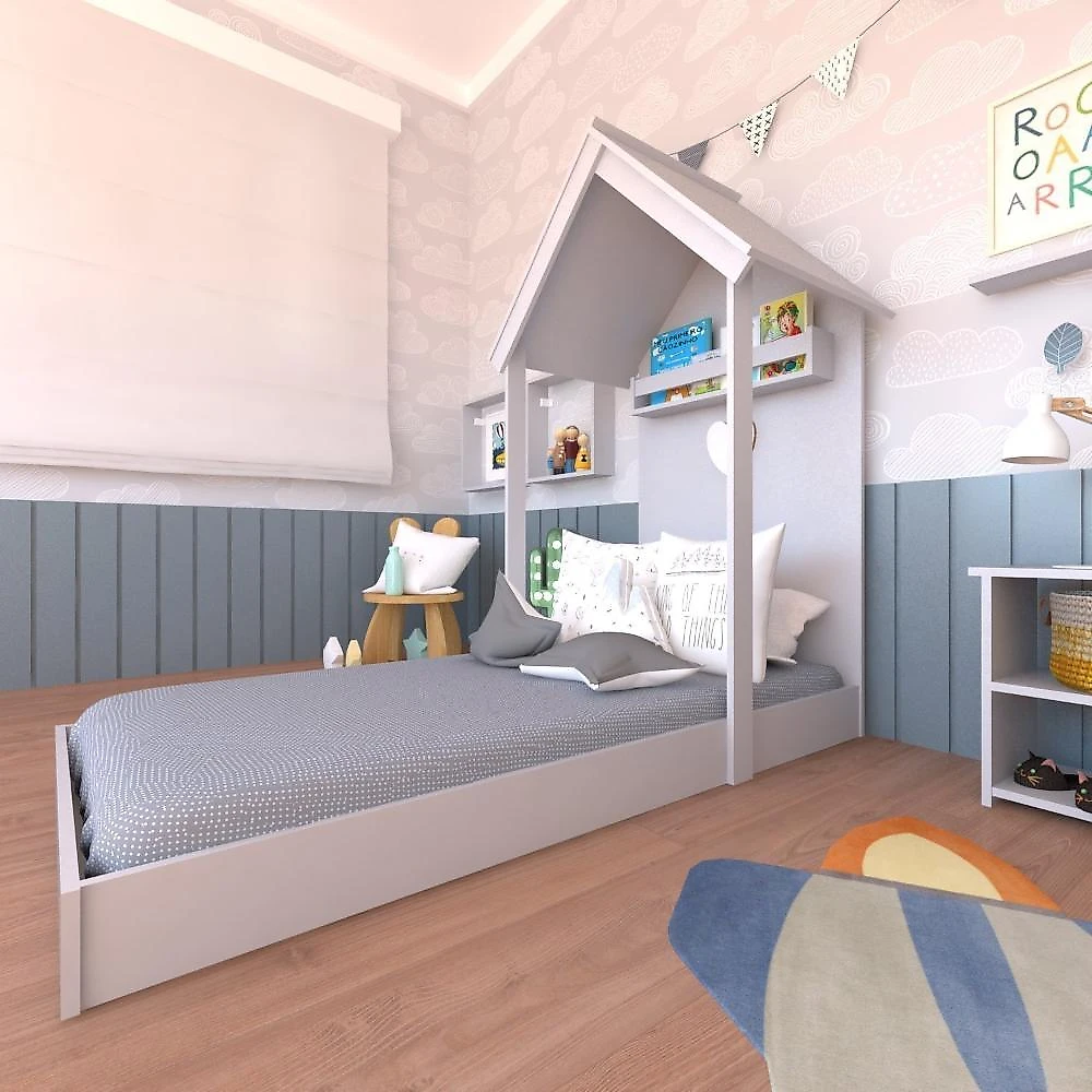 Conjunto Infantil Cama Banqueta 2 Nicho e Prateleira Bramov Móveis Cinza Cristal