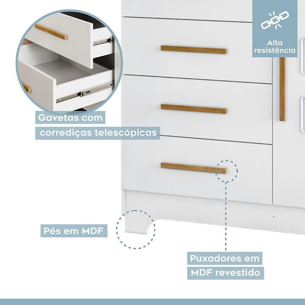 Quarto de Bebê com Berço Mini Cama 100% Mdf com Colchão Life e Cômoda 4 Gavetas 1 Porta Fly 100% Mdf Branco
