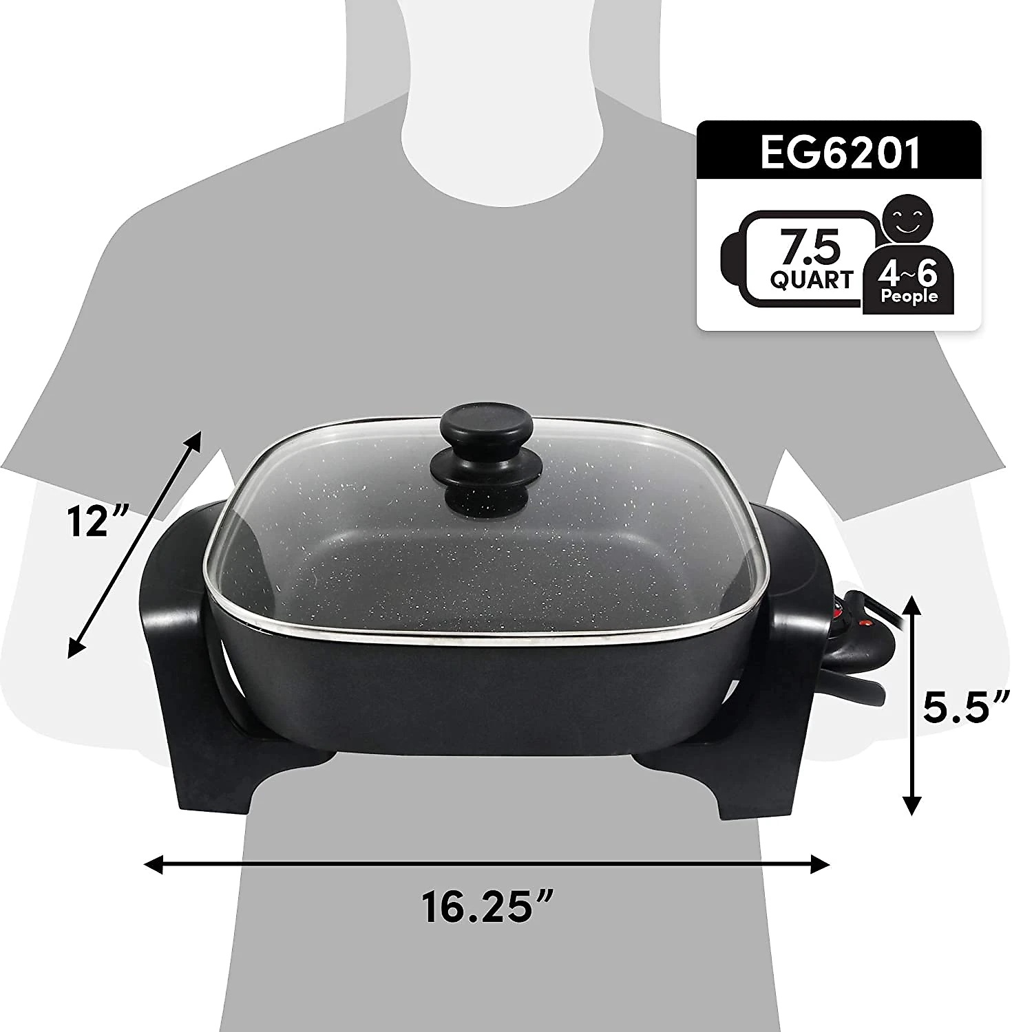 Elite Gourmet EG6201 PFOAFree 12x12x32 75Qt Scratch Resistant Dishwasher Safe Easy to Clean Nonstick Electric Skillet with Glass Vented Lid Trigger Release Probe Black