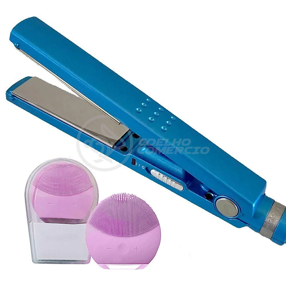 Kit 1 Prancha Nanotitanium + 1 Esponja Facial Rosa Bebê Nº24