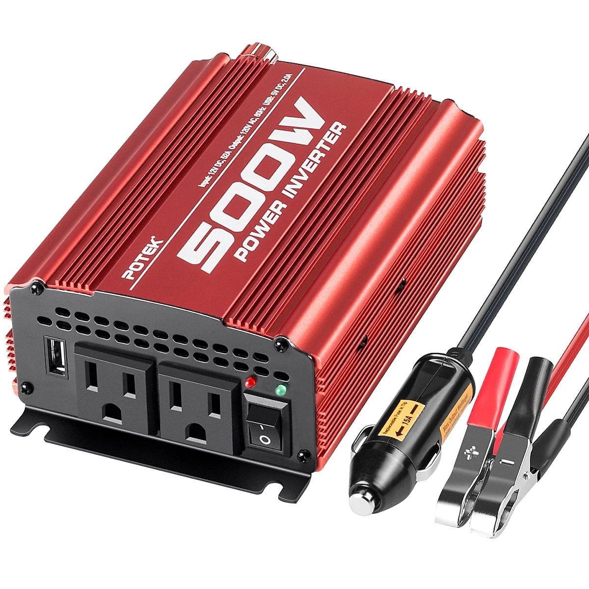 Inversor de Potência POTEK 500W DC 12V para 110V AC com 2 Tomadas AC e Porta USB
