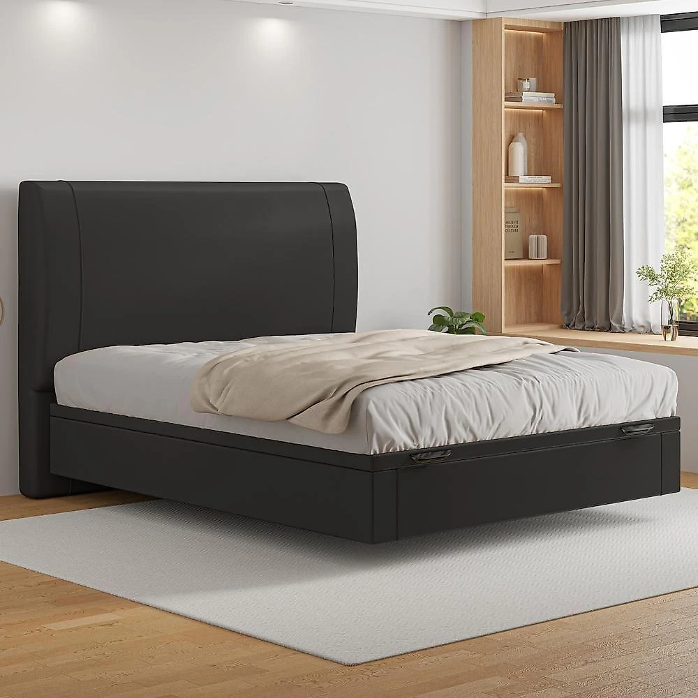Cama Casal Baú Flutuante Com Cabeceira 140cm Spazio S04 Couríssimo Preto - Lyam Decor