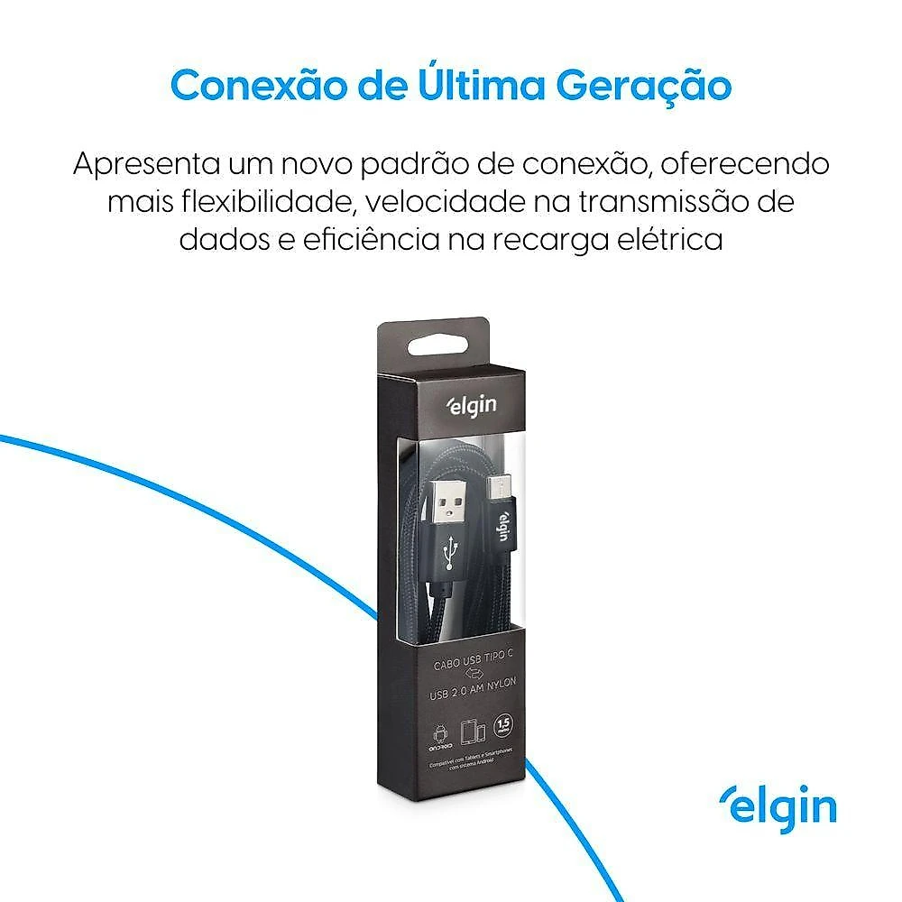 Cabo USB-C Nylon USB 2.0 Tipo C para Android Sincronização Dados e Recarga Preto Elgin 1,5M