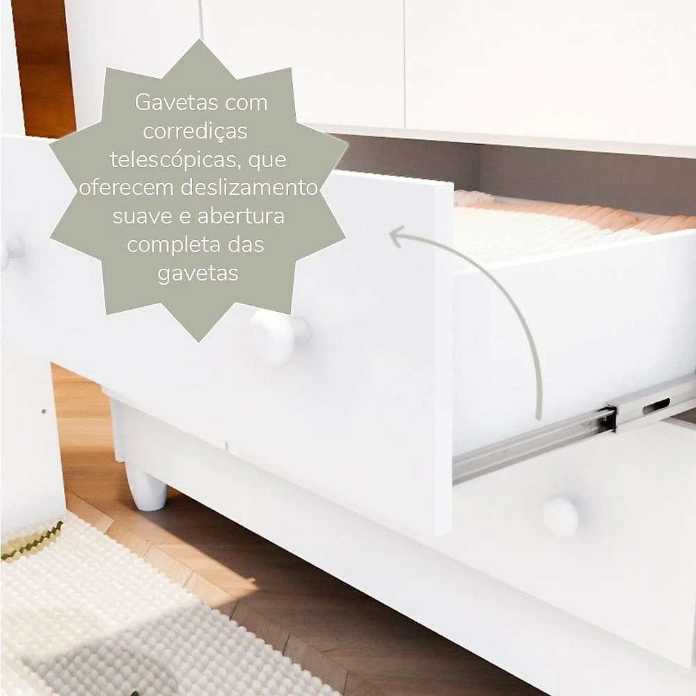 Quarto de Bebê Completo Berço Mini Cama e Guarda-roupa 4 Portas Mirelle Branco