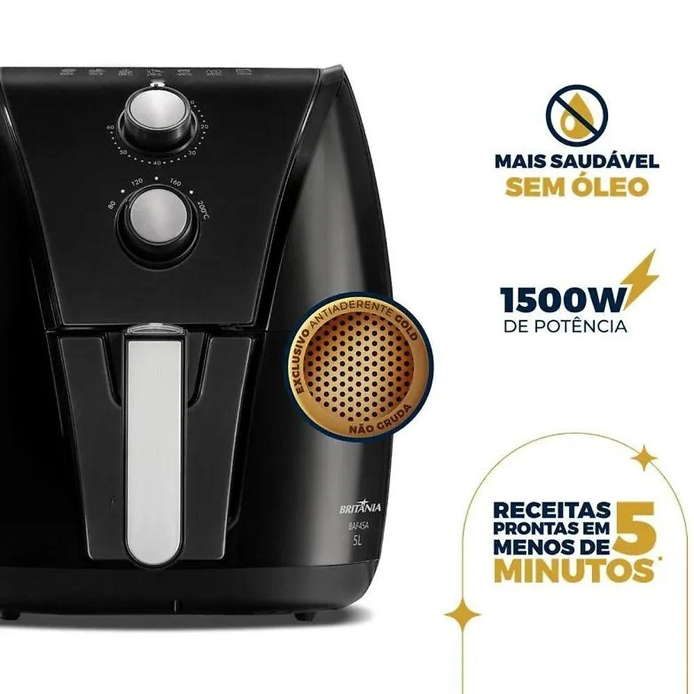 Fritadeira sem Óleo Air Fryer Britânia BAF45A 5L 1500W Antiaderente Preto 110V
