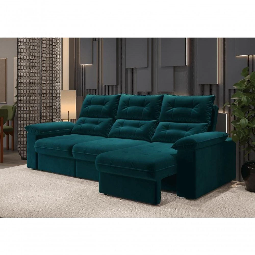 Sofá com Chaise Copacabana 4 Lugares Retrátil e Reclinável 230CM Verde CIALAR MÓVEIS