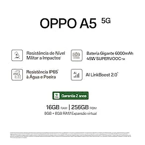 Smartphone OPPO A5 5G Tela 6.67" 256GB 8GB RAM Câmera 50MP Verde
