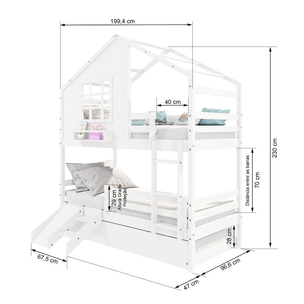 Treliche Casinha Com Janela Com Escada/escorregador E Grade De Proteção Madeira Maciça Branco Housin