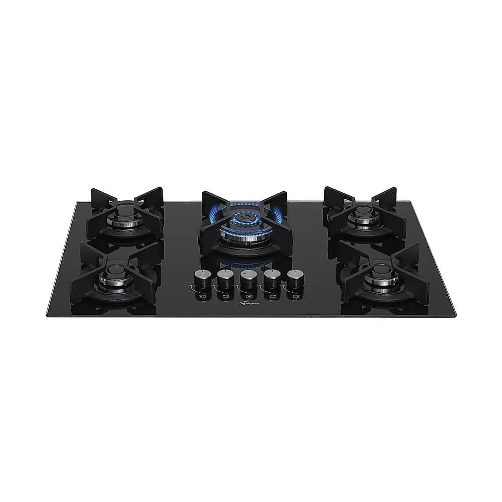 Cooktop 5 Bocas Fischer Infinity Trempe De Ferro Tripla Chama à Gás Mesa De Vidro Preto Bivolt