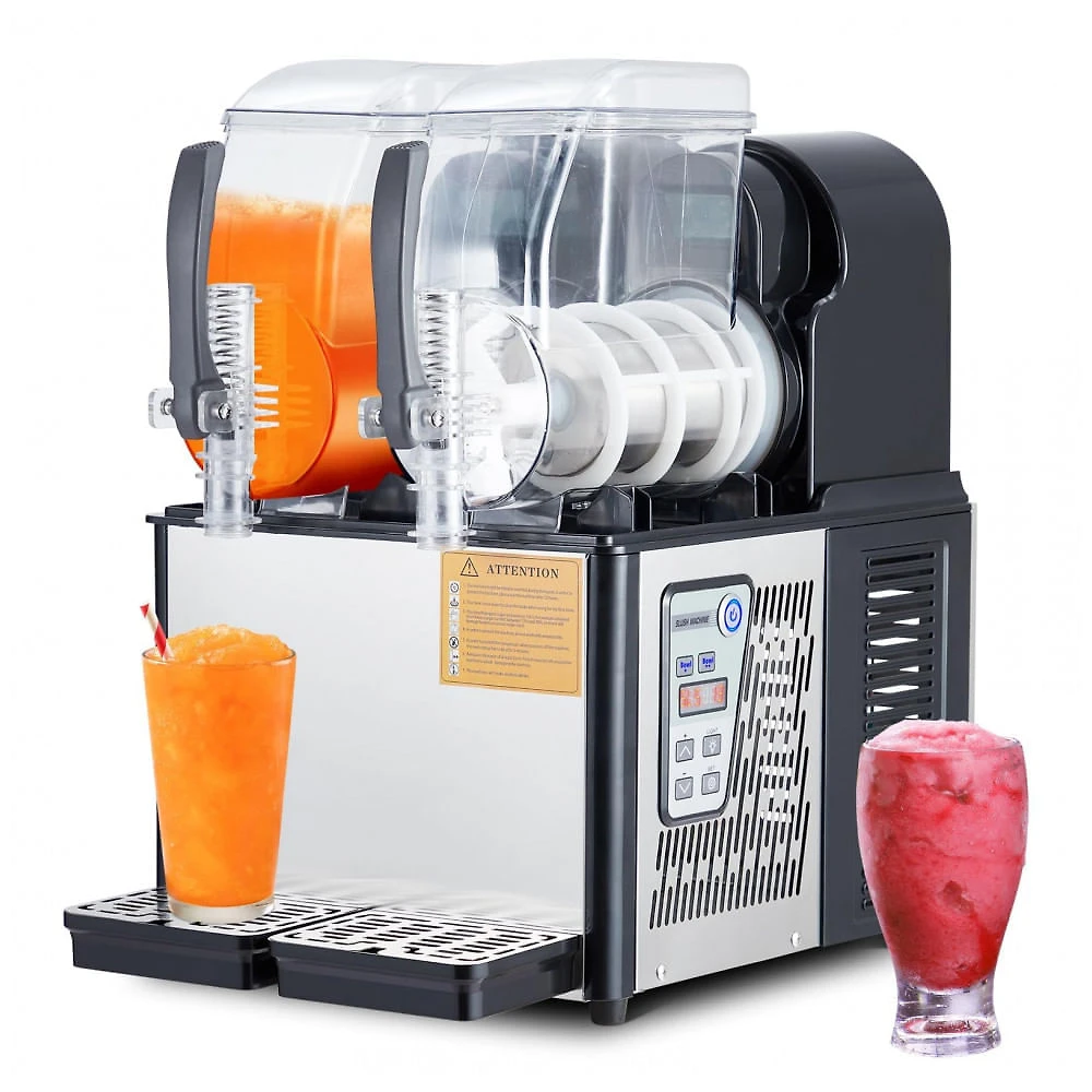 Máquina de Slush Raspadinha Patikuin 4Lx2 Duplo Tanque Comercial Auto Limpeza Aço Inox 240V