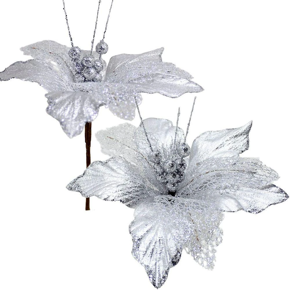 Kit 8 Flores Artificiais Decoração Natal Glitter Prata 30cm
