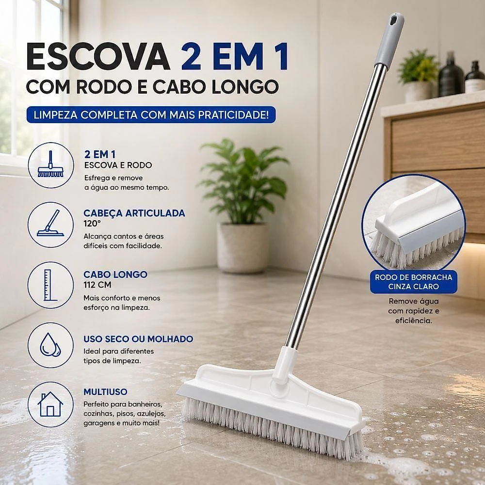 Escova 2 em 1 com Rodo Cabo Longo Piso Box Azulejo Banheiro Area Externa Yeet