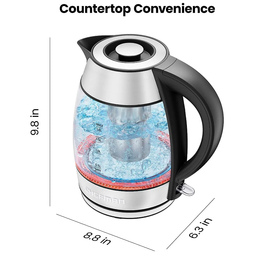 Chaleira Elétrica Chefman de Vidro 1,8L 1500W c/ Infusor de Chá, Manter Quente, Desligamento Automático e Proteção contra Fervura
