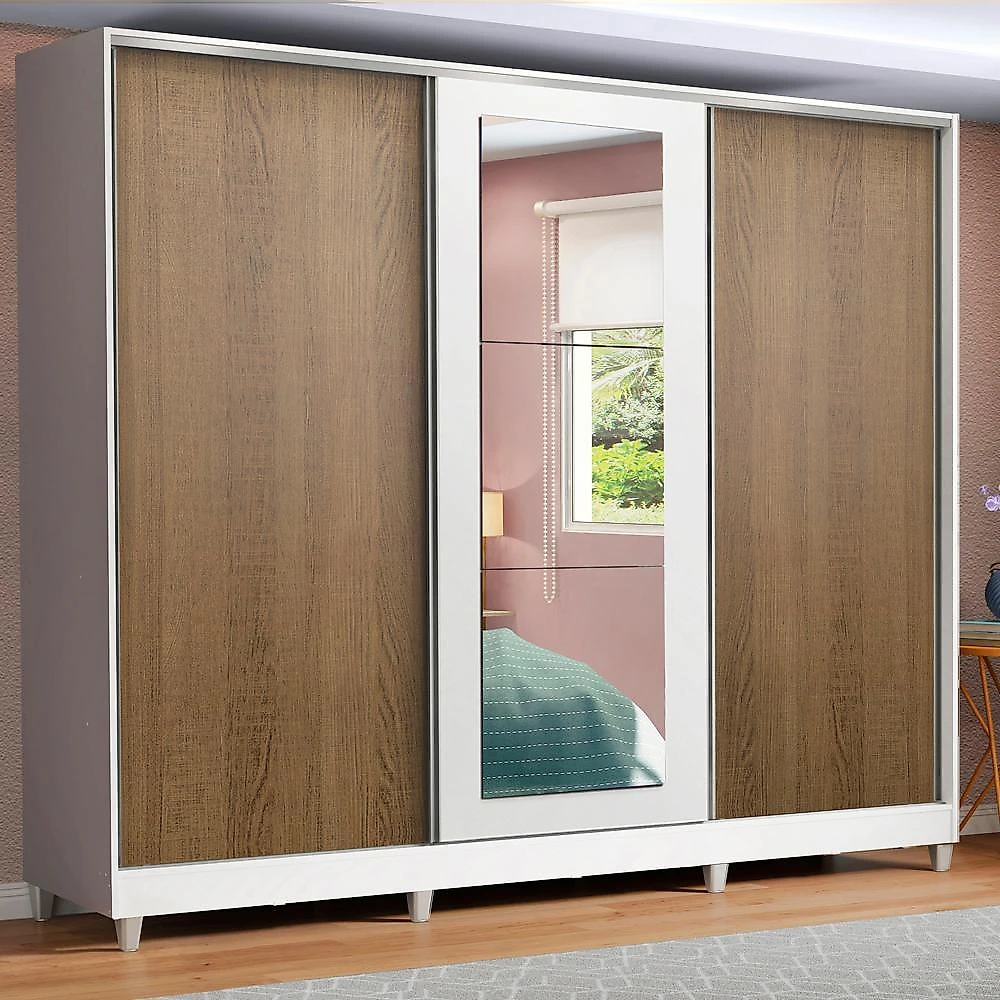 Guarda roupa casal 100% mdf madesa eros 3 portas de correr com espelho com pés - branco/rustic