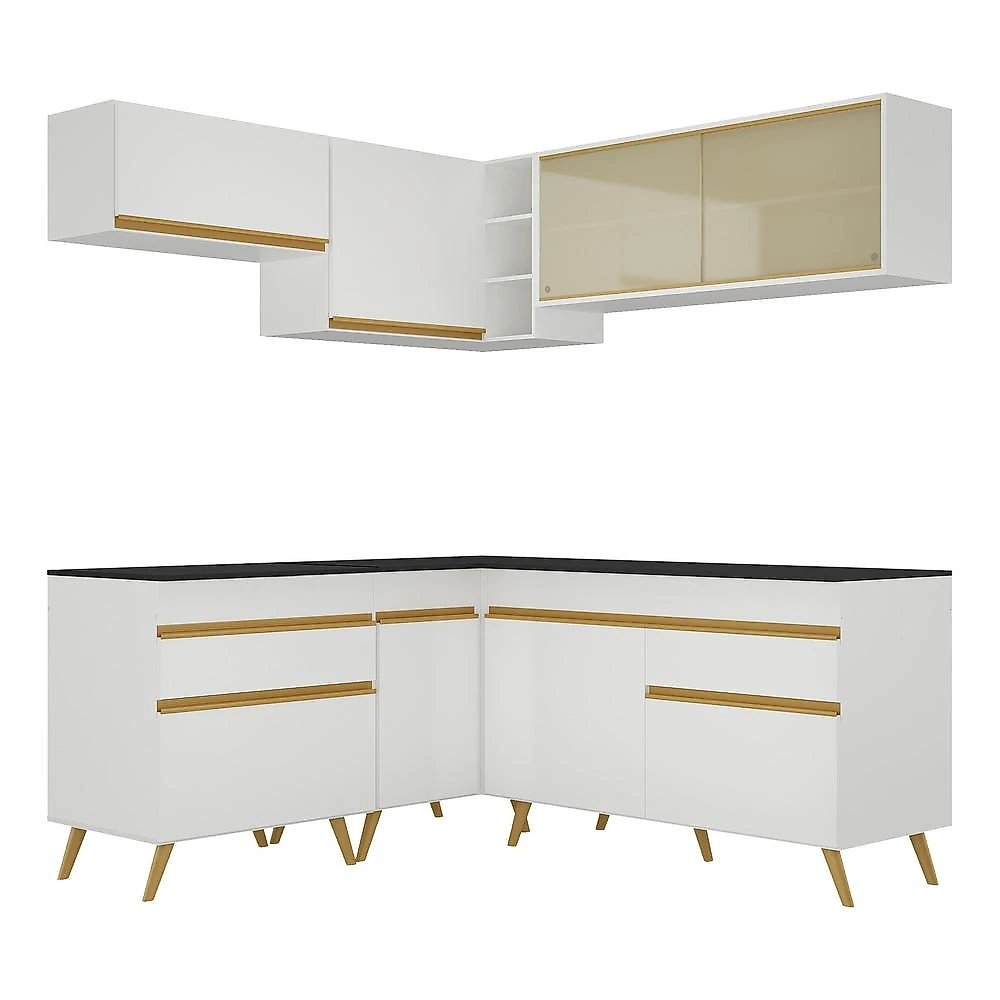 Armário de Cozinha Completa de Canto Veneza Multimóveis V2062 Branco/Dourado