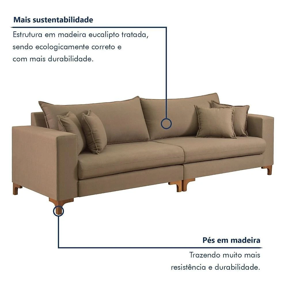 Sofá 4 Lugares 4 Almofadas 280cm Madri Marrom