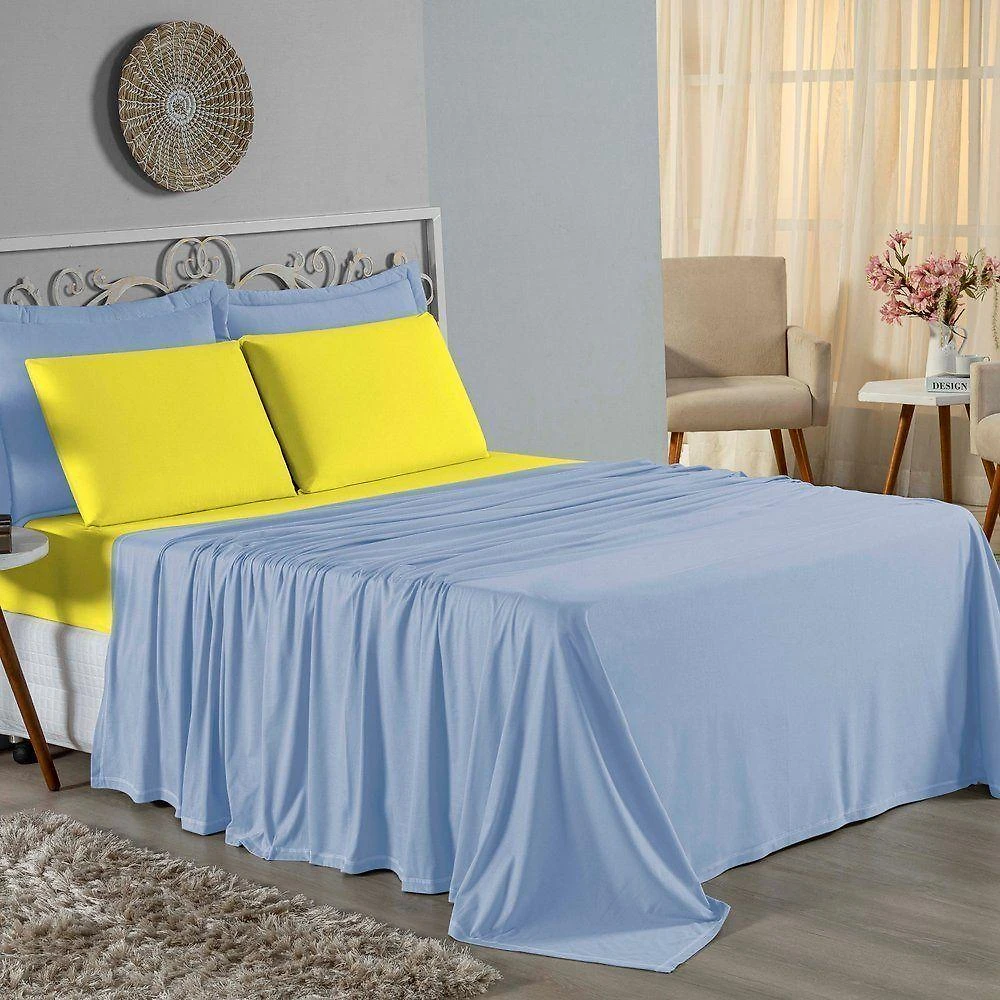 Jogo De Cama Casal Nobre 4 Peças Lençol Com Elástico De 30cm De Altura Malha 100% Algodão - Azul-bebê / Amarelo