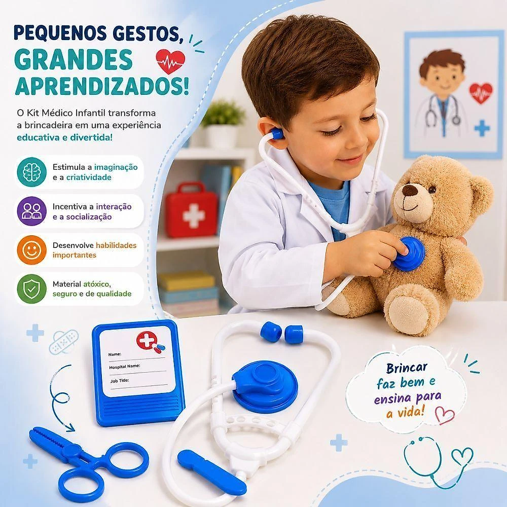 Kit Médico Infantil Brinquedo Educativo 4 Peças Estimula Criatividade e Imaginação