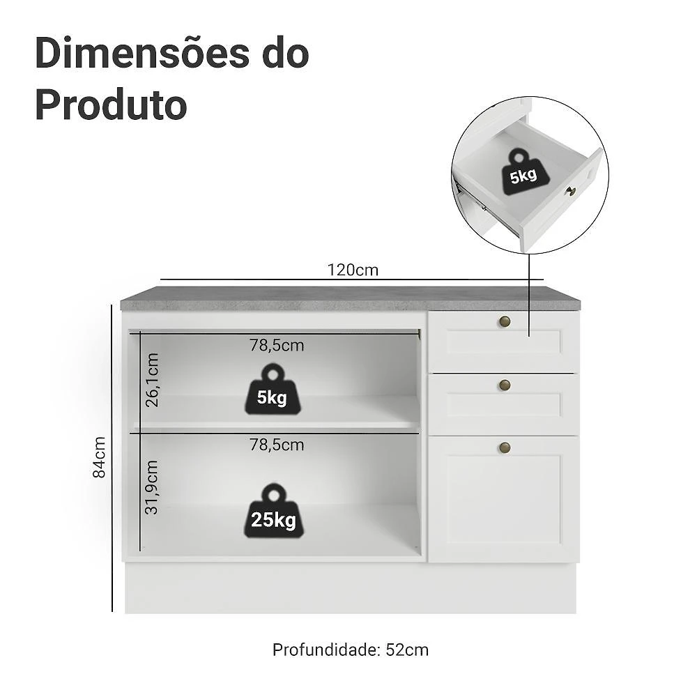 Balcão de cozinha 120 cm 2 portas 3 gavetas branco vik madesa