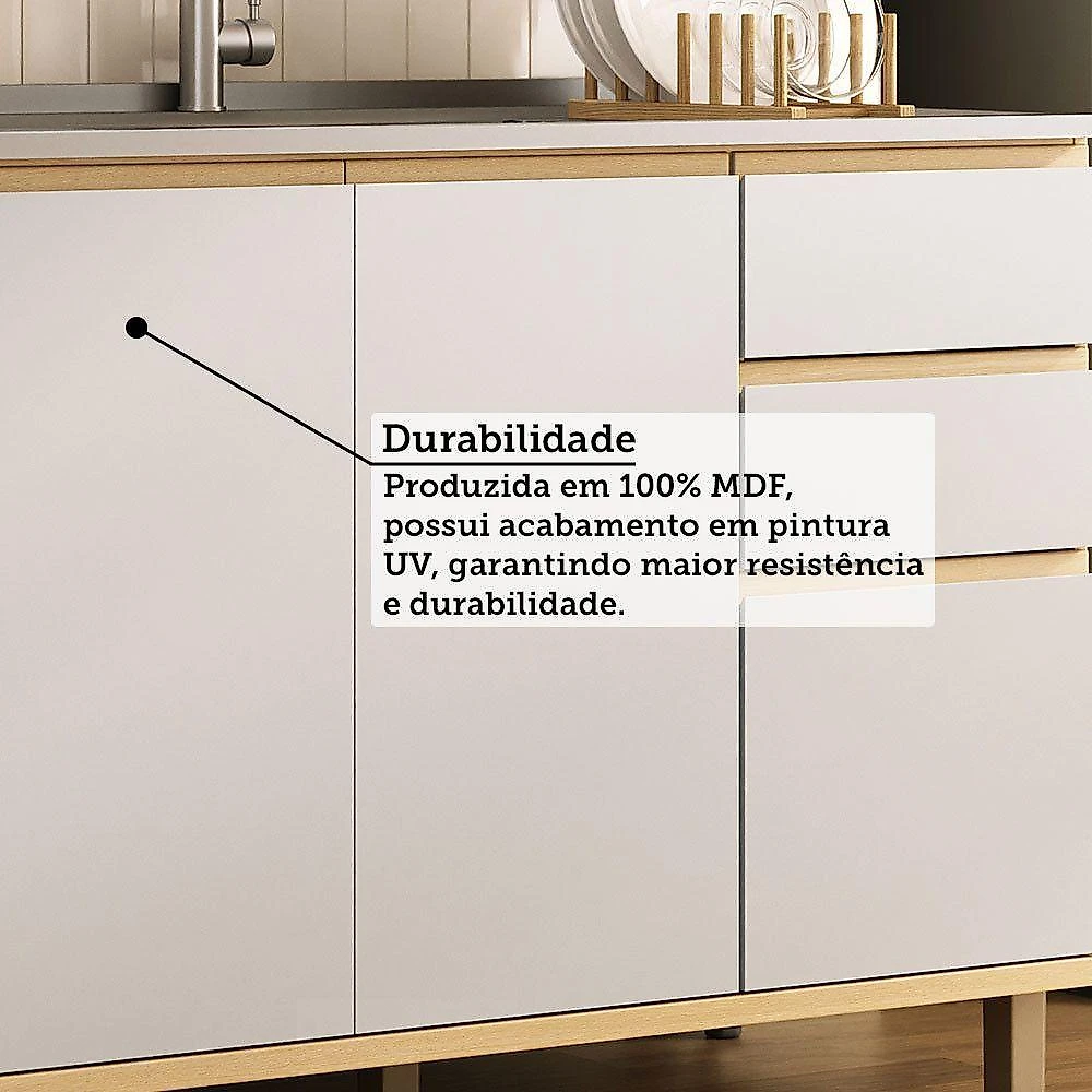 Cozinha Compacta Aura 5 Portas 2 Gavetas MDF 200CM Carvalho e Cinza Luciane