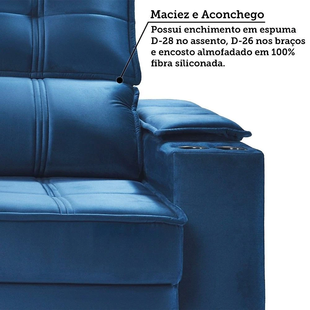 Sofá Retrátil e Reclinável 2 Lugares Bipartido com Porta Copos Cobán Espresso Móveis Azul