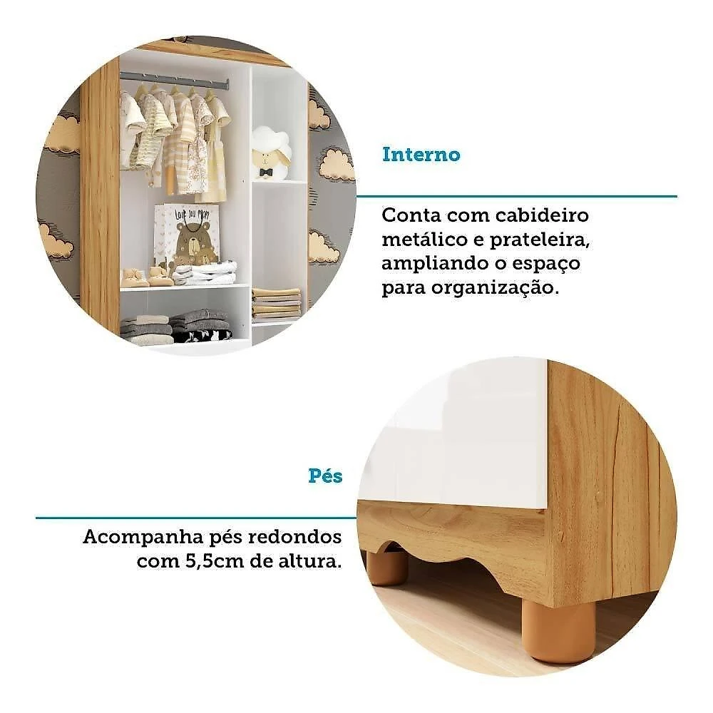 Quarto de Bebê com Guarda Roupas 3 Portas Cômoda e Berço com Rodizio Mimo 100% Mdf Espresso Móveis Branco Brilho/Amêndoa