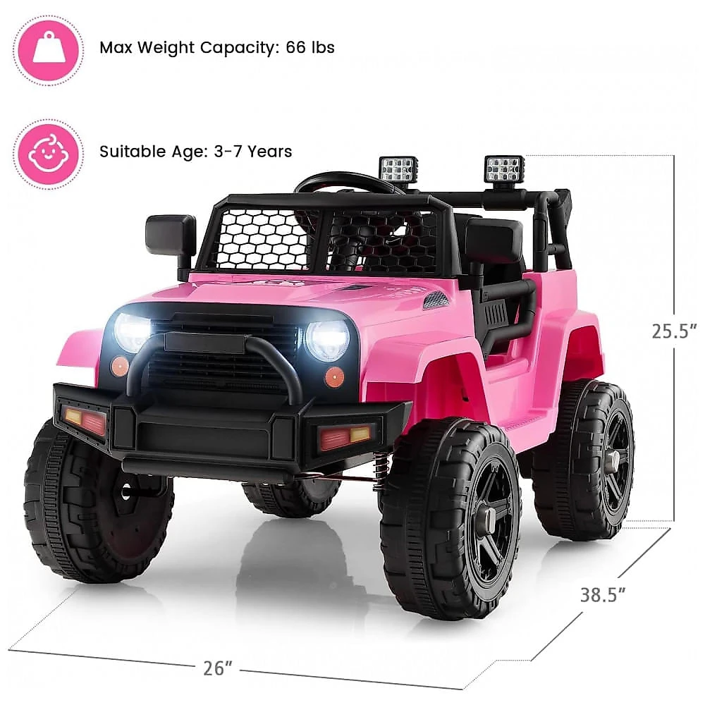 Caminhão Elétrico Infantil OLAKIDS Rosa 12V Jeep 2 Velocidades Controle Remoto Suspensão Porta Dupla LED Música USB MP3 TF